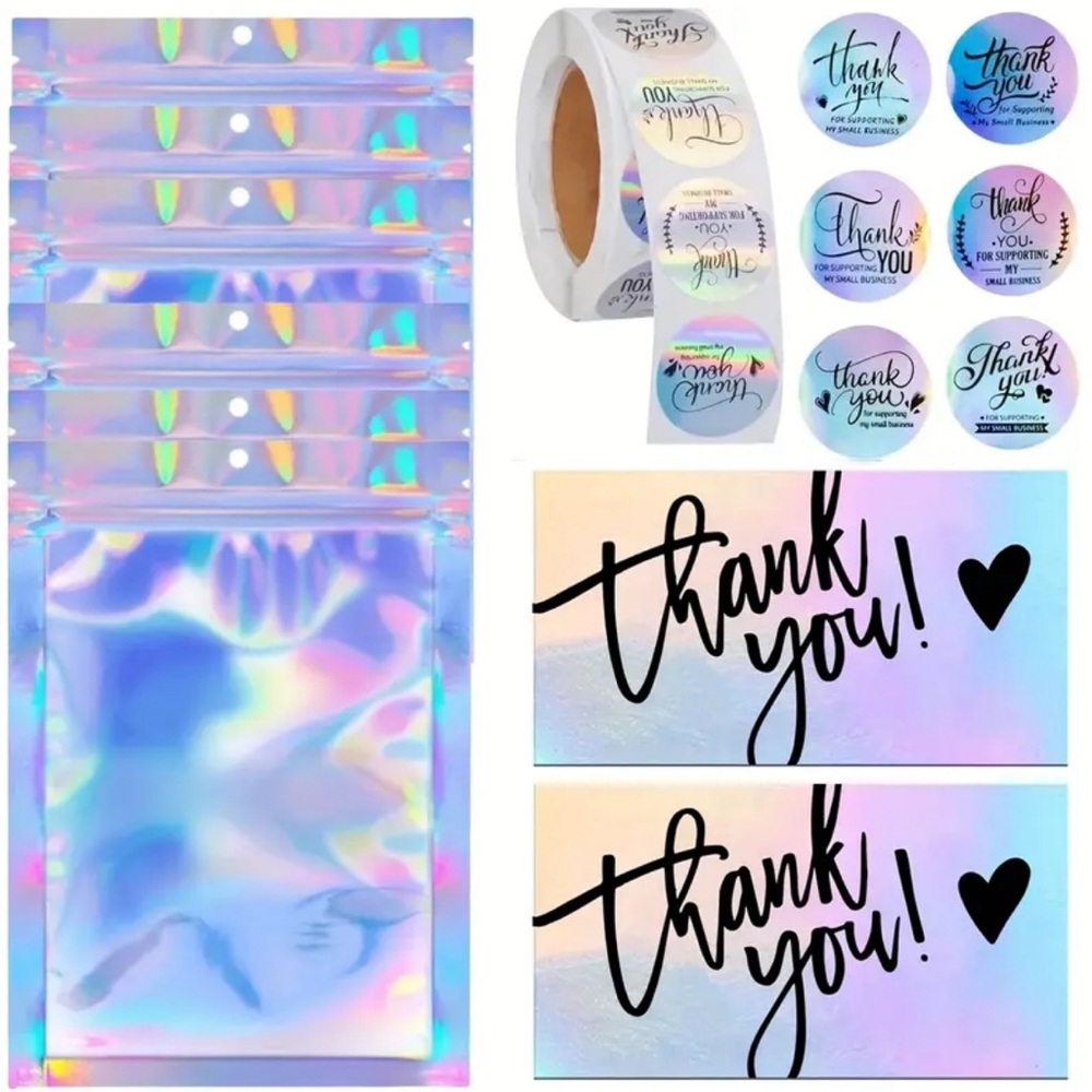 570 PCS Holographic Thank You Cards/ Bags/Stickers New - Picture 3 of 3